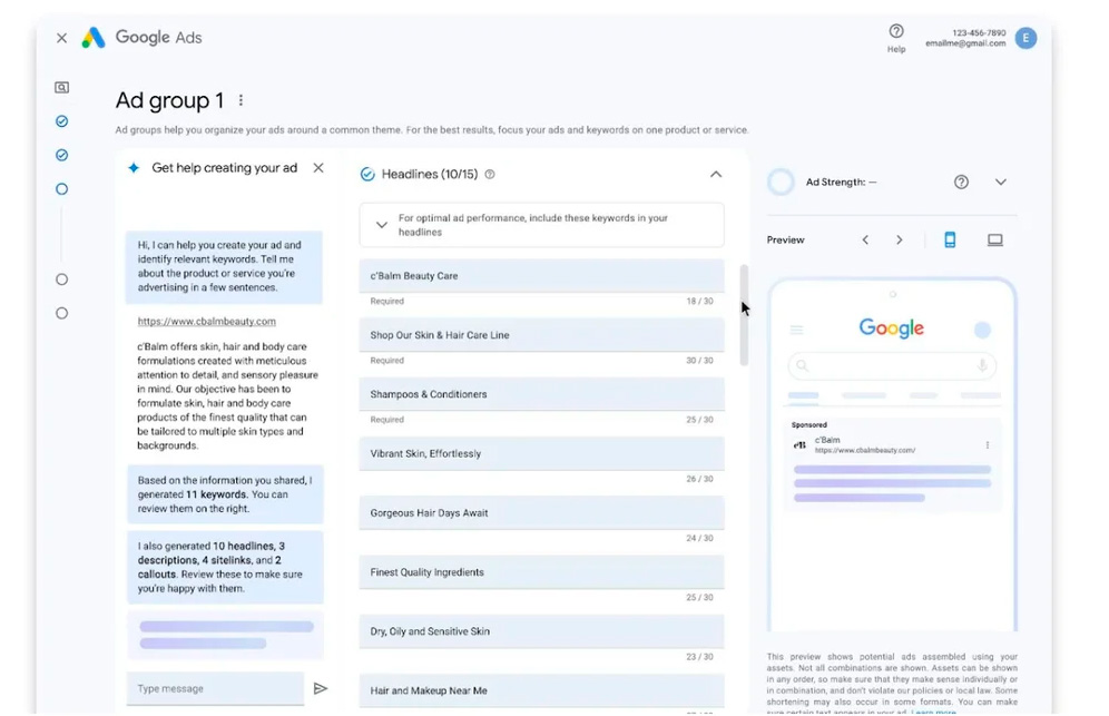 Se muestra una imagen en la que un anunciante está interactuando con la inteligencia artificial de Google Ads mientras crea una nueva campaña. Image
