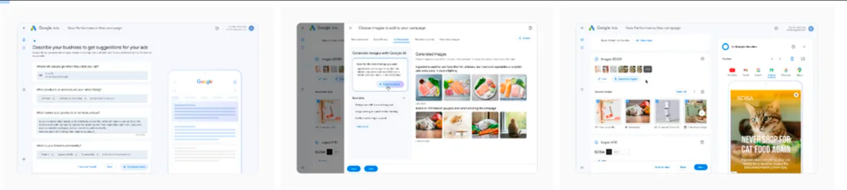 Se muestra una imagen que ilustra el proceso de creación de activos para Performance Max, donde se incluyen los activos de imagen generados mediante inteligencia artificial generativa. Image